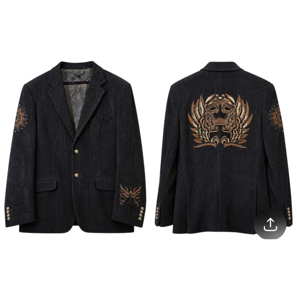 LANZINO Black Corduroy Blazer Jacket Embellished Mask Studded Gothic 3XL